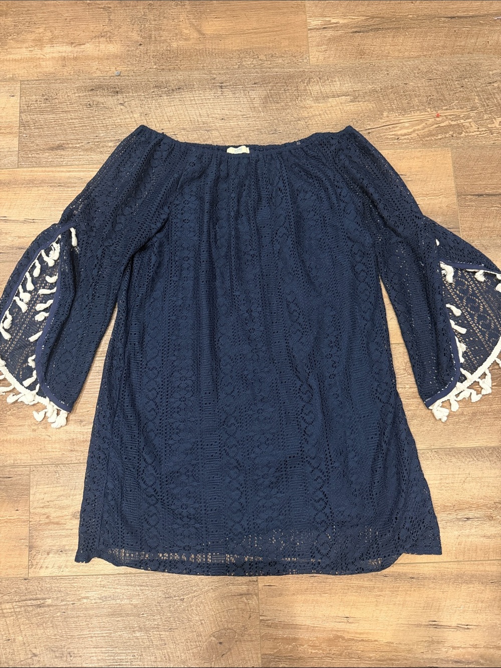 Kori Navy Crochet Off-Shoulder Dress with Cream Tassel Trim